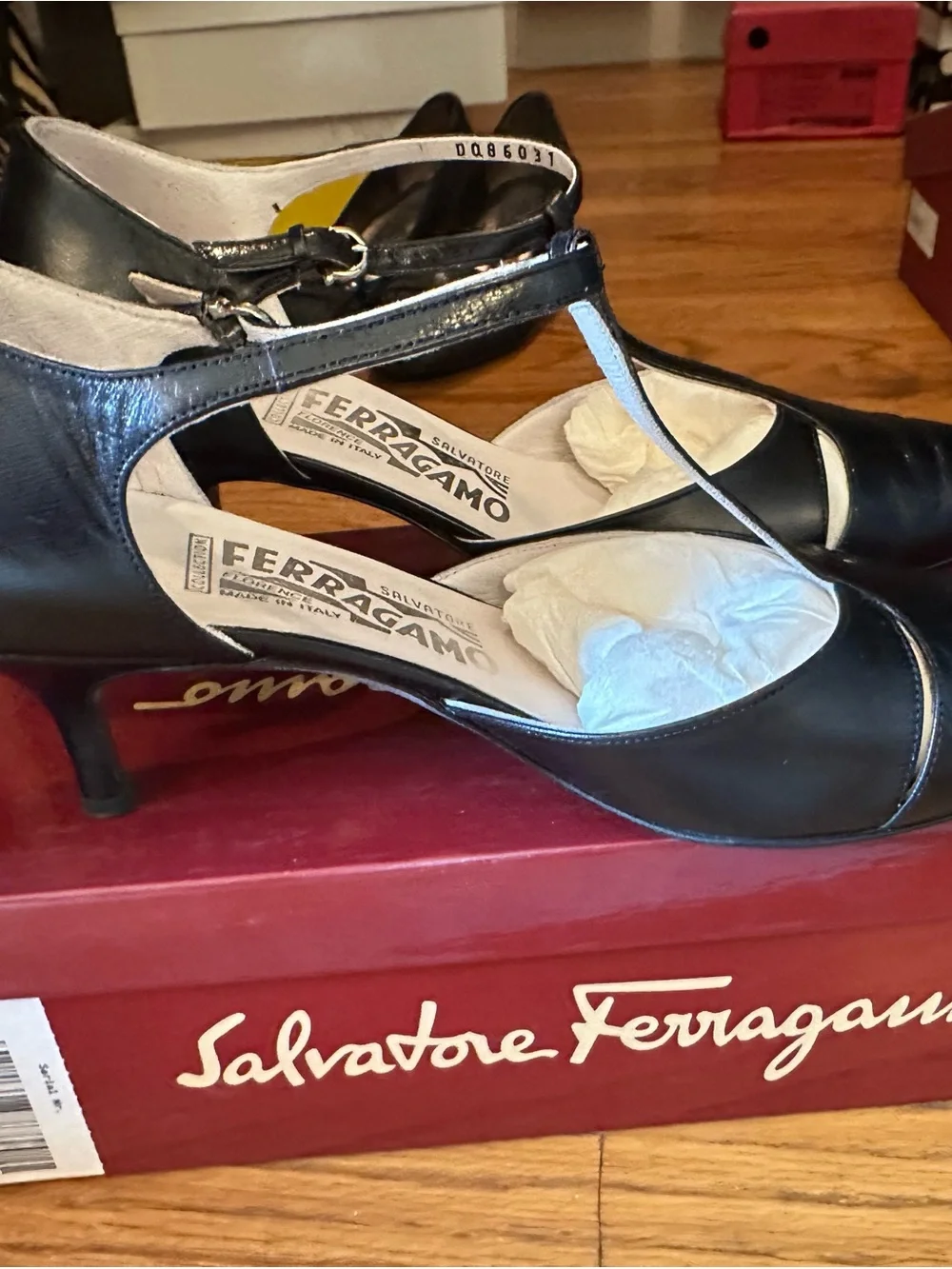 Salvatore Ferragamo Black Leather T-Strap Pointed Pumps